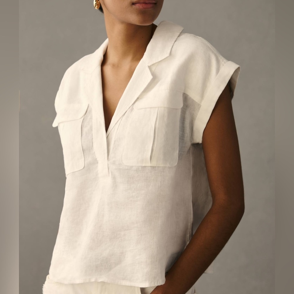 NWT Anthropologie Linen Utility Shirt Womens Size Medium Color Ivory - Picture 1 of 7